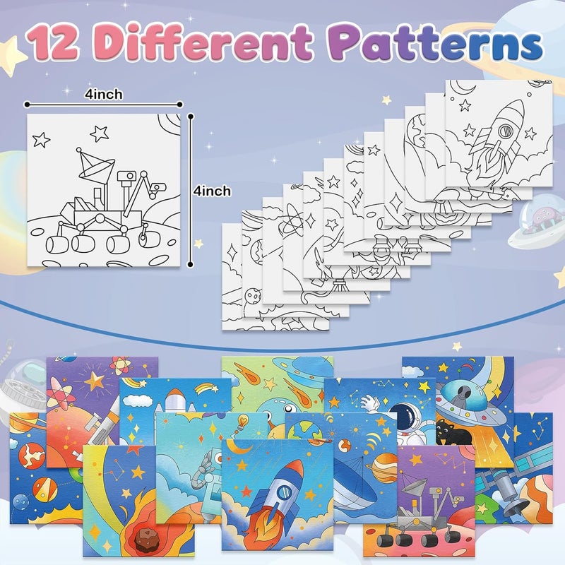 Anseal 12 Packs Pre Drawn Canvas to Paint, 4" X 4" Space Pre-Printed Canvas Paint Party, Stretched Outline Painting Boards for Beginners, Party Favor - Image 3